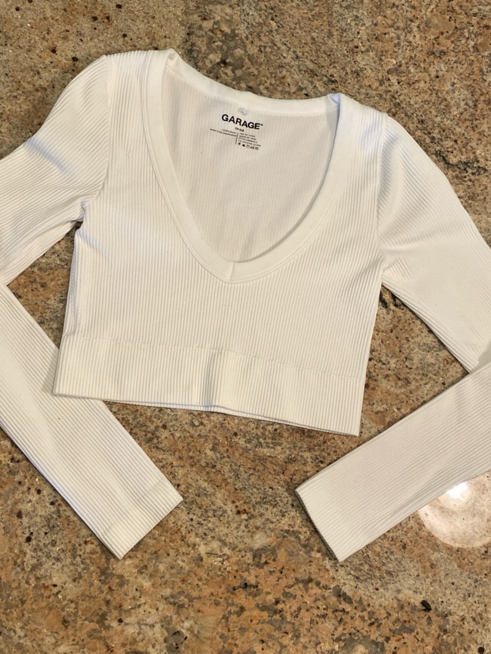 Garage Tara V neck ribbed long sleeve white top shirt XS extra small
